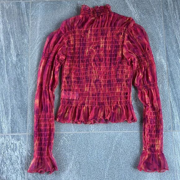 NWOT Free People Hello There Ruffled Sheer Mesh Top Red Pink Orange Abstract XS - Picture 10 of 16
